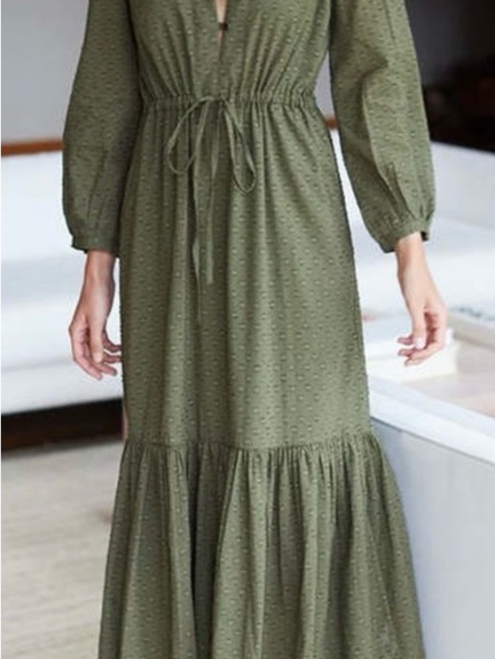 Emerson Fry Olive Green Textured Maxi Dress with Drawstring Waist